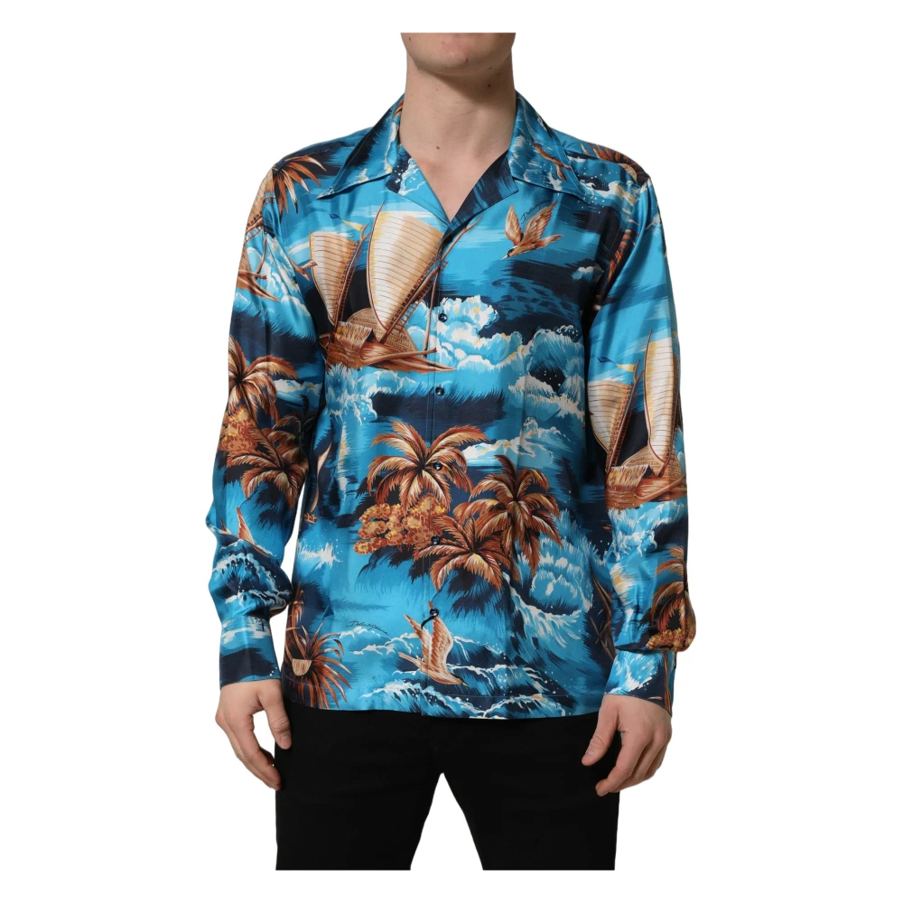 Dolce & Gabbana Men's Multicolor Casual Shirts, Xs, Silk Twill Hawaiian Graphicprint Shirt