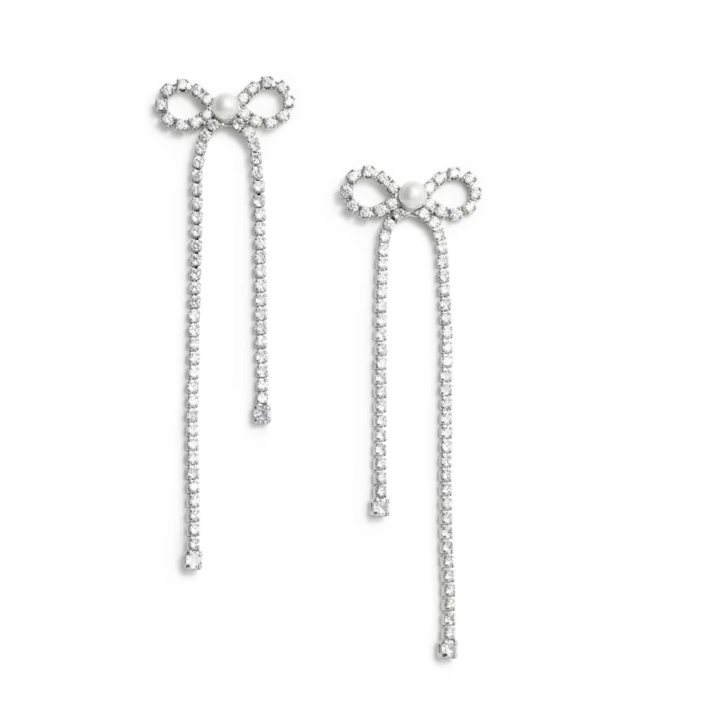 Self Portrait Women's Gray Crystal Droplet Bow Earrings