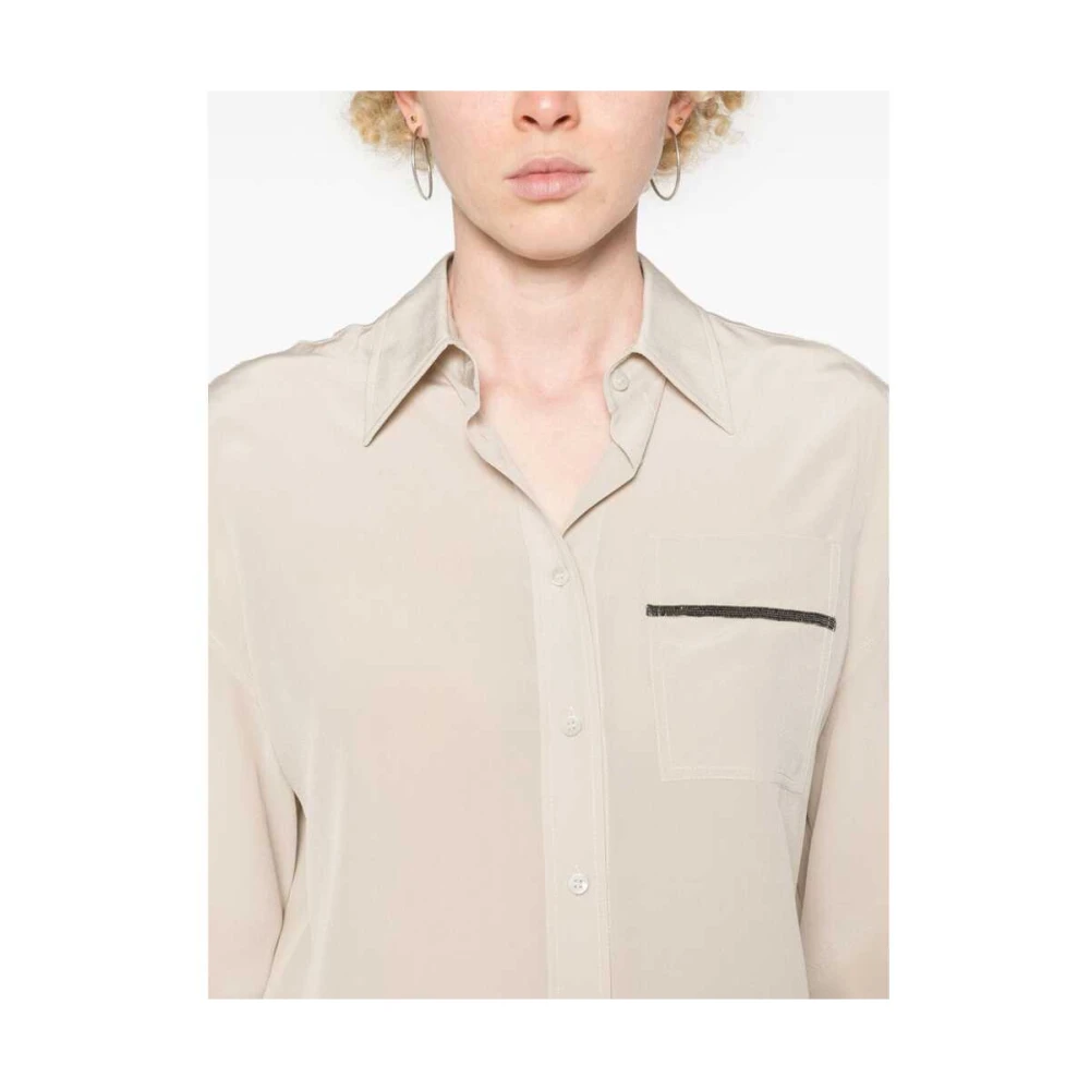BRUNELLO CUCINELLI Zijden Crepe Klassieke Kraag Shirt Beige Dames