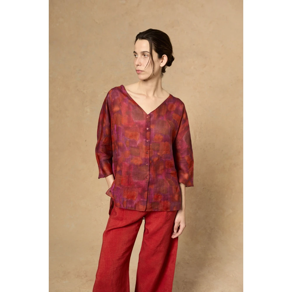 Cortana Aquarel Print V-Hals Blouse Red Dames