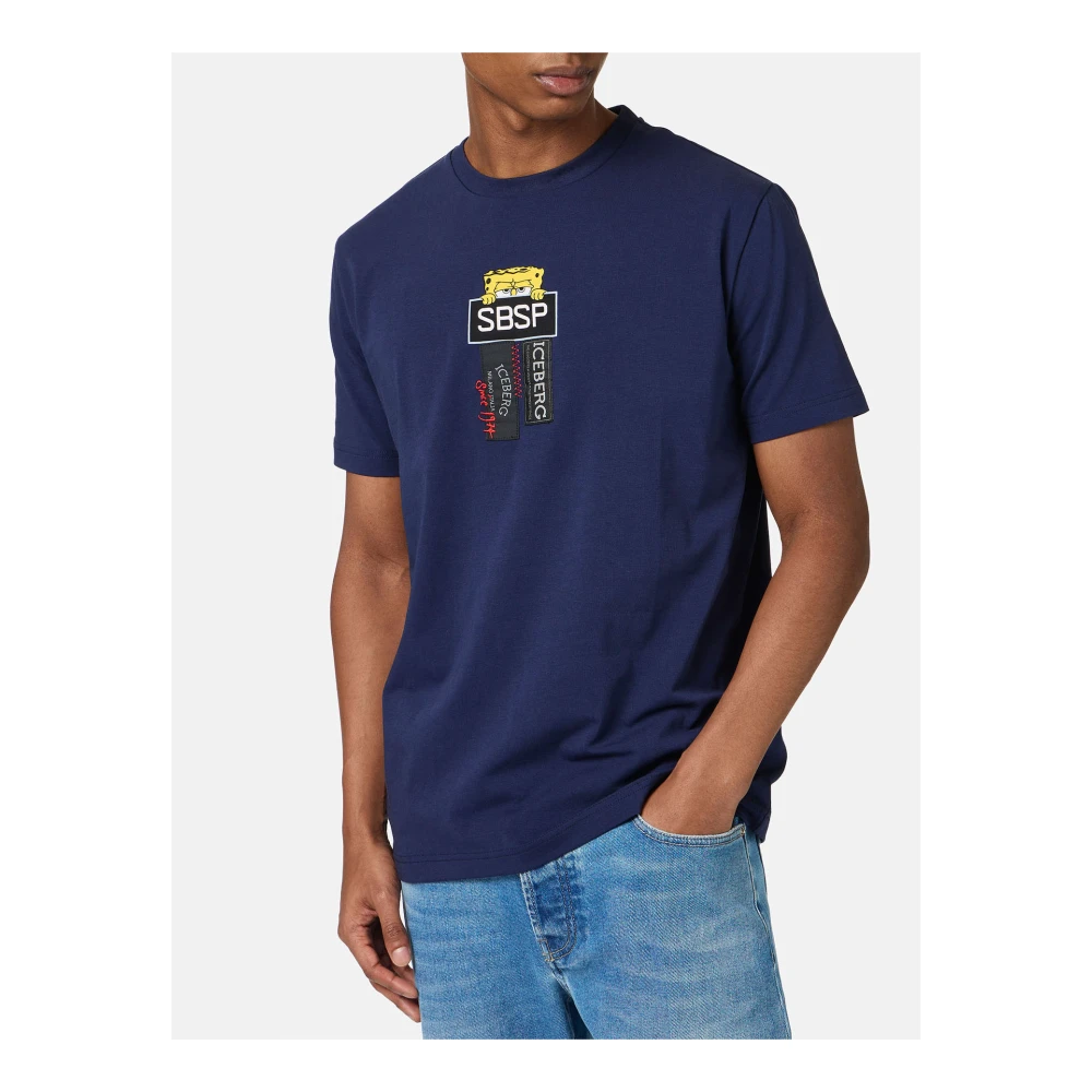 Iceberg Blauw stretch katoenen T-shirt met Spongebob print Blue Heren