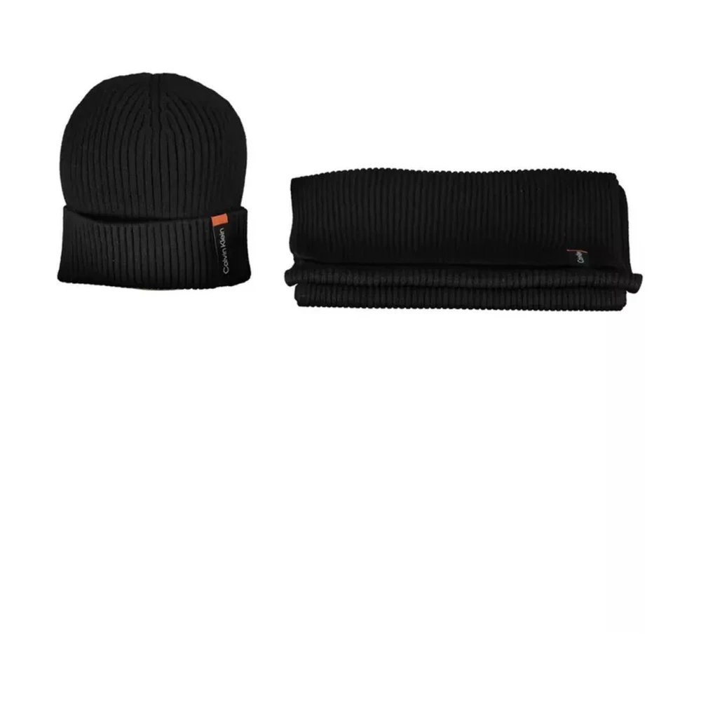 Calvin Klein Men's Black Accessories, One Size, Ribbed Beanie And Scarf Set
