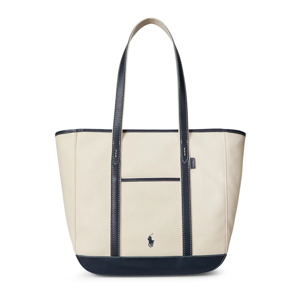 Polo Ralph Lauren Women's Beige Shopping Bags, One Size, Canvas Shoulder Bag With Leather Profiles