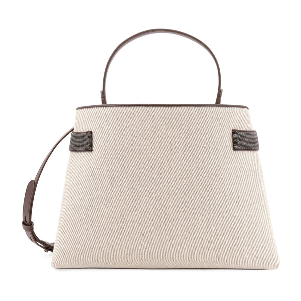 BRUNELLO CUCINELLI Schoudertas van canvas en leer met monili decoratie Beige Dames