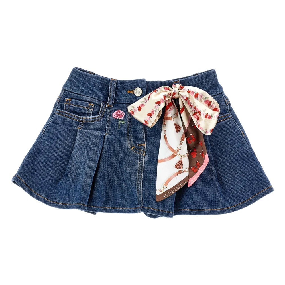 Monnalisa Denim Skirt With Equestrian Bow - Female - Kids Skirts - Blue - 4 Y - Kids