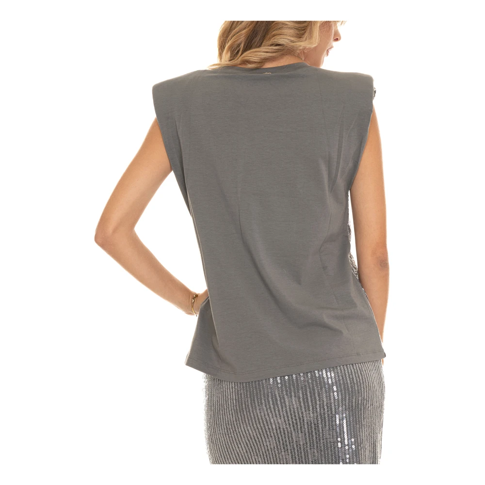 Liu Jo Paillet Ronde hals T-shirt met Gewatteerde Schouders Gray Dames