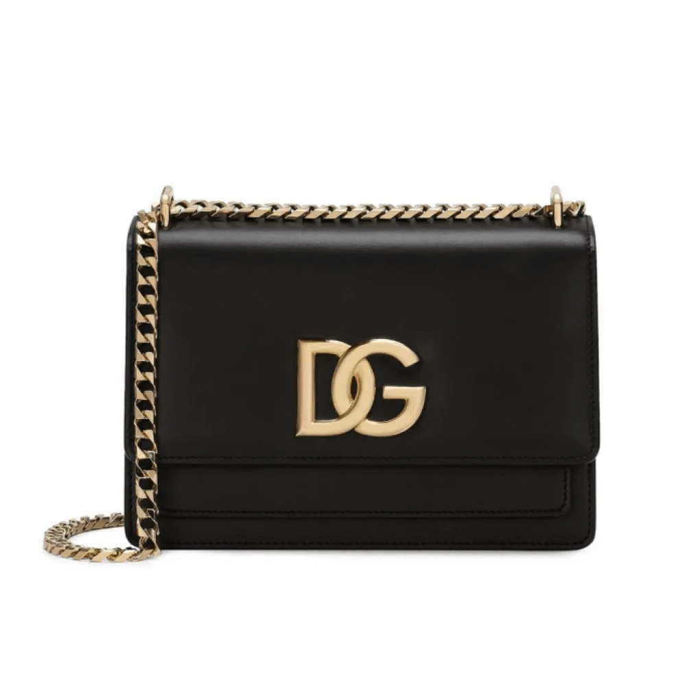 Dolce & Gabbana Svart Läder Crossbody Väska med Guld Logo Plakett Black, Dam
