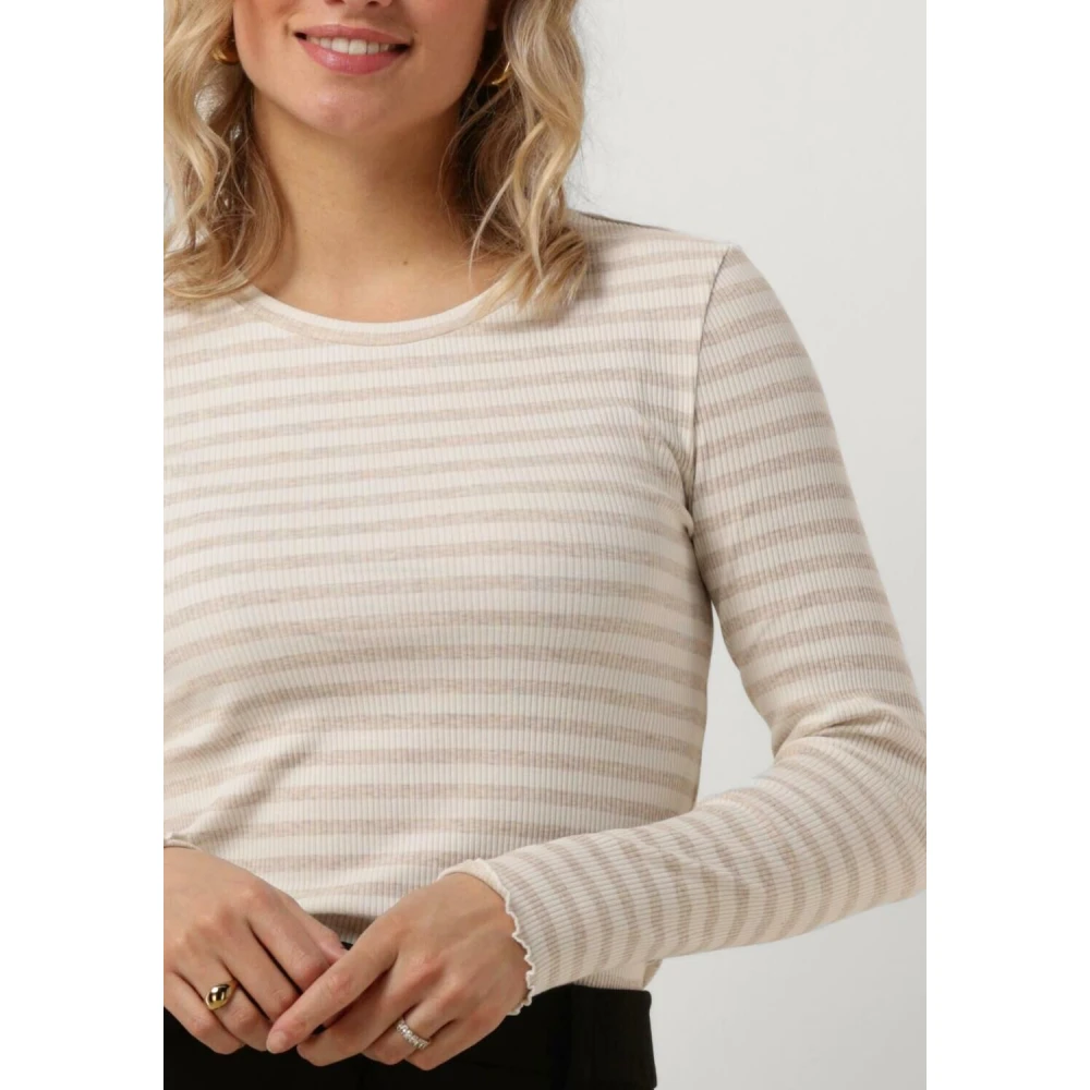 Selected Femme Beige Ruffle Longsleeve Tee Stripe Beige Dames