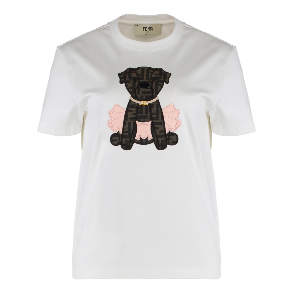 Fendi Women's White T-Shirts, S, Logo Embroidered T-Shirt