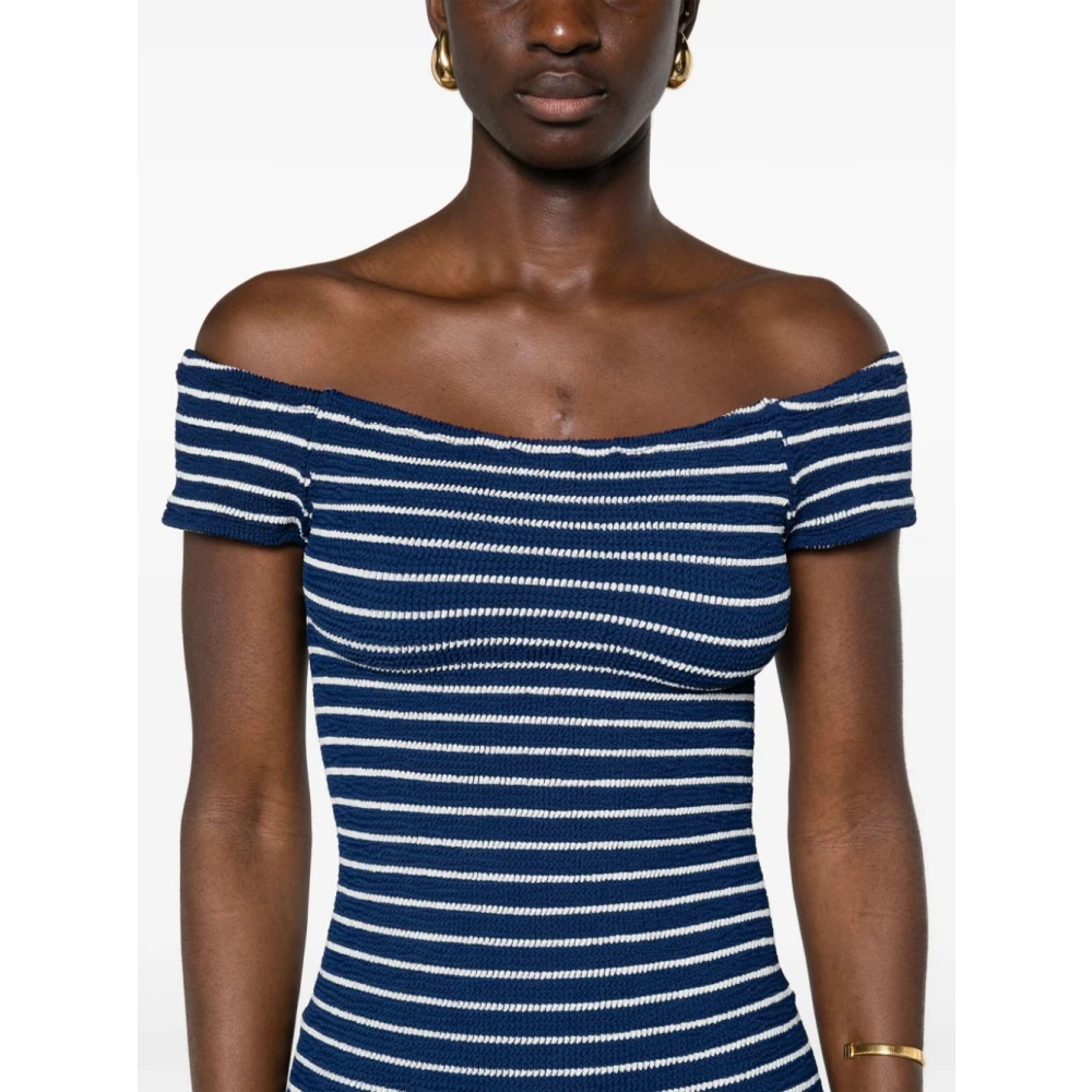 Hunza G Blauw Gestreepte Off-Shoulder Midi Jurk Blue Dames