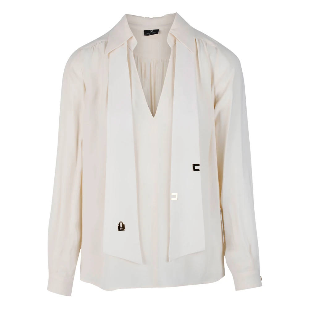 Elisabetta Franchi Elegant krämfärgad blus med V-ringning och krage White, Dam