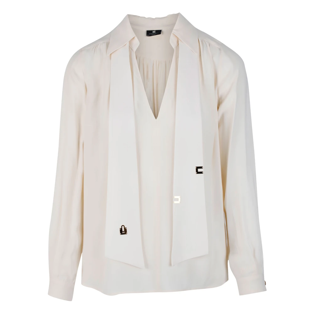 Elisabetta Franchi Elegante crèmekleurige blouse met V-hals en kraagdetails White Dames