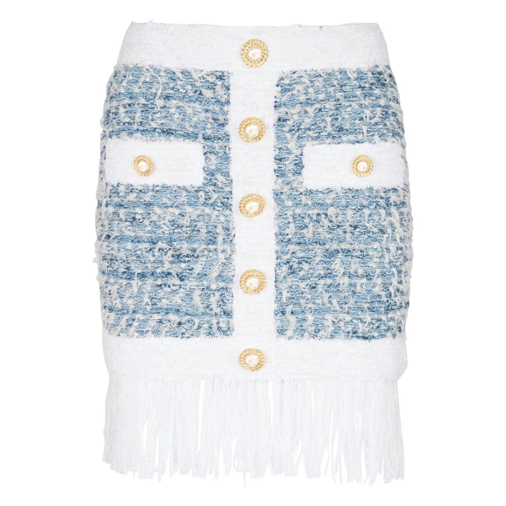 Balmain Blauwe Geruite Minirok met Franjes Multicolor Dames