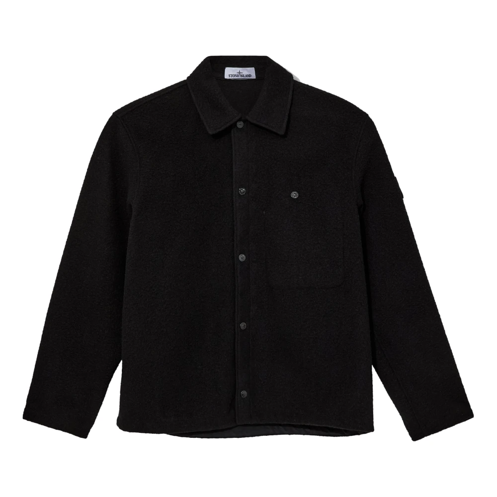 Stone Island Black Light Jackets, Male, S, Wool Overshirt Classic Collar Jacket