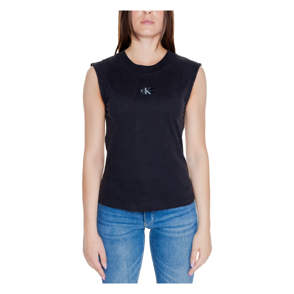 Calvin Klein Jeans Geweven Label T-Shirt Herfst Winter Collectie Black Dames