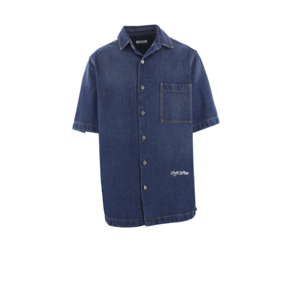 Off White Denim Bowling Shirt met Logo Borduurwerk Blue Heren