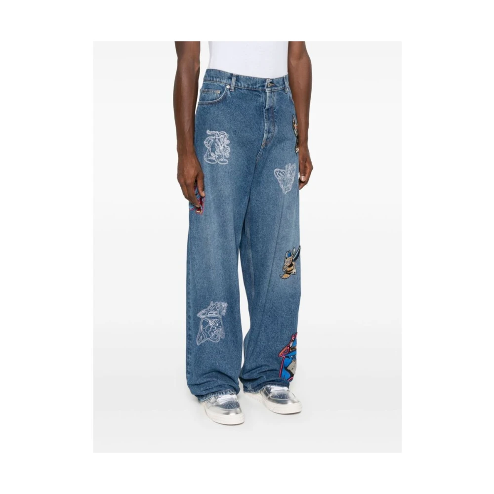 Off White Indigo Blauwe Denim Geborduurde Jeans Blue Heren