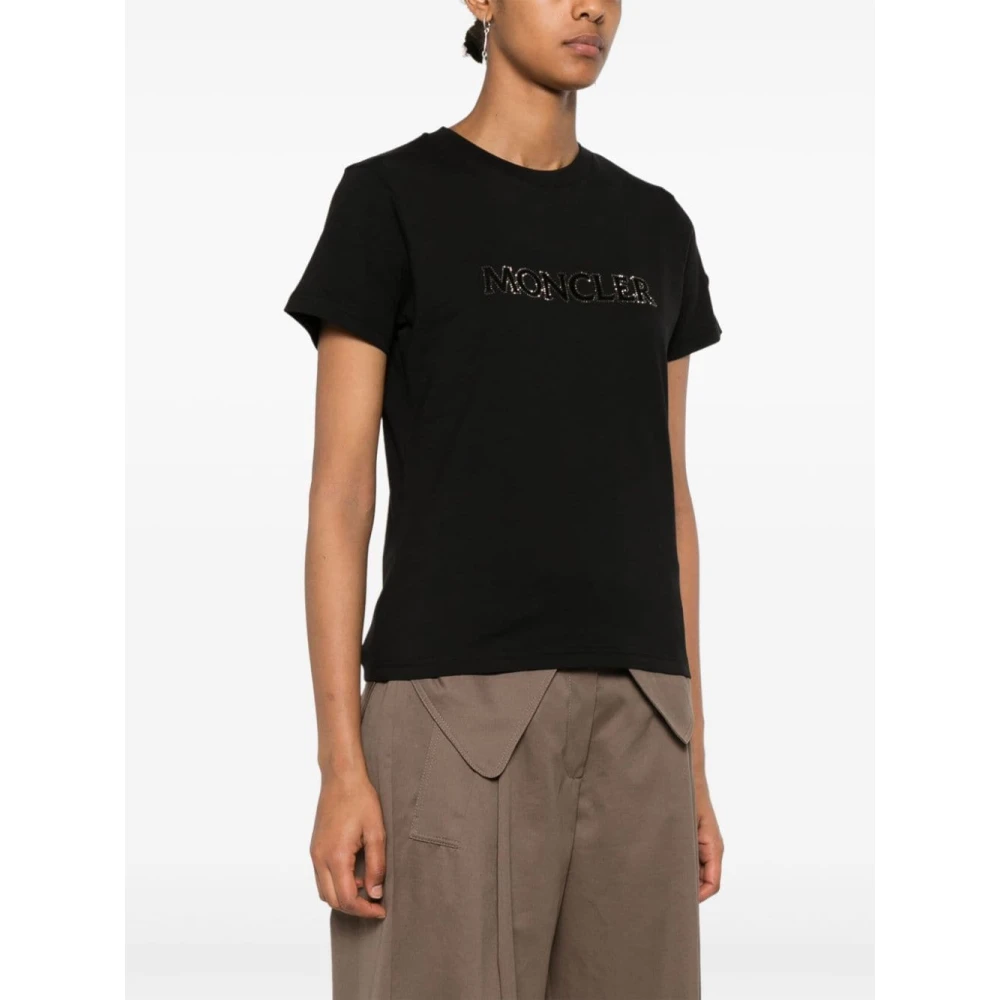 Moncler Zwarte katoenen T-shirt met strass logo Black Dames