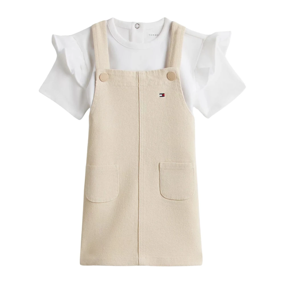 Tommy Hilfiger Girls Beige Dresses, 9 M, Essential Dungaree Dress And T-Shirt Set