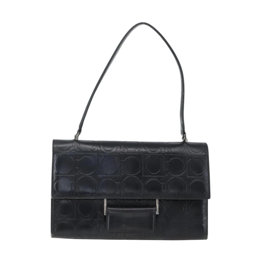 Salvatore Ferragamo Pre-Owned Women's Black Pre-Owned Vintage Leather Gancini Embossed Shoulder Bag