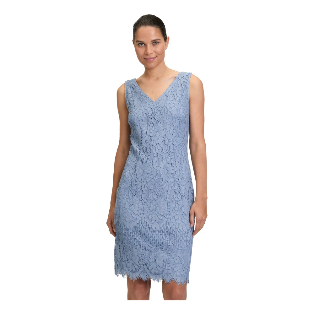 Vera Mont Kanten kokerjurk met strikrand Blue Dames