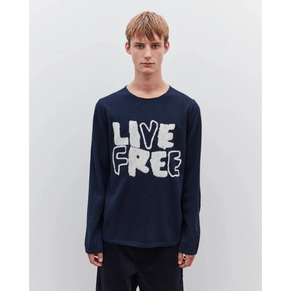 Comme des Garçons Geborduurde Navy Sweatshirt Live Free Blue Heren