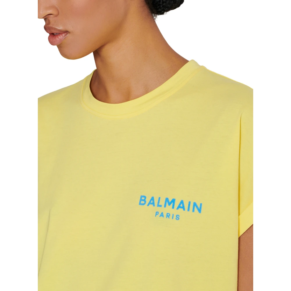 Balmain T-shirt met gevlokt Paris-logo Yellow Dames