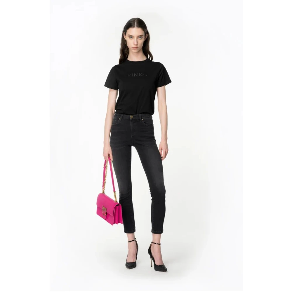 pinko Zwarte Skinny-Fit Cropped Jeans met Love Birds Borduurwerk Black Dames