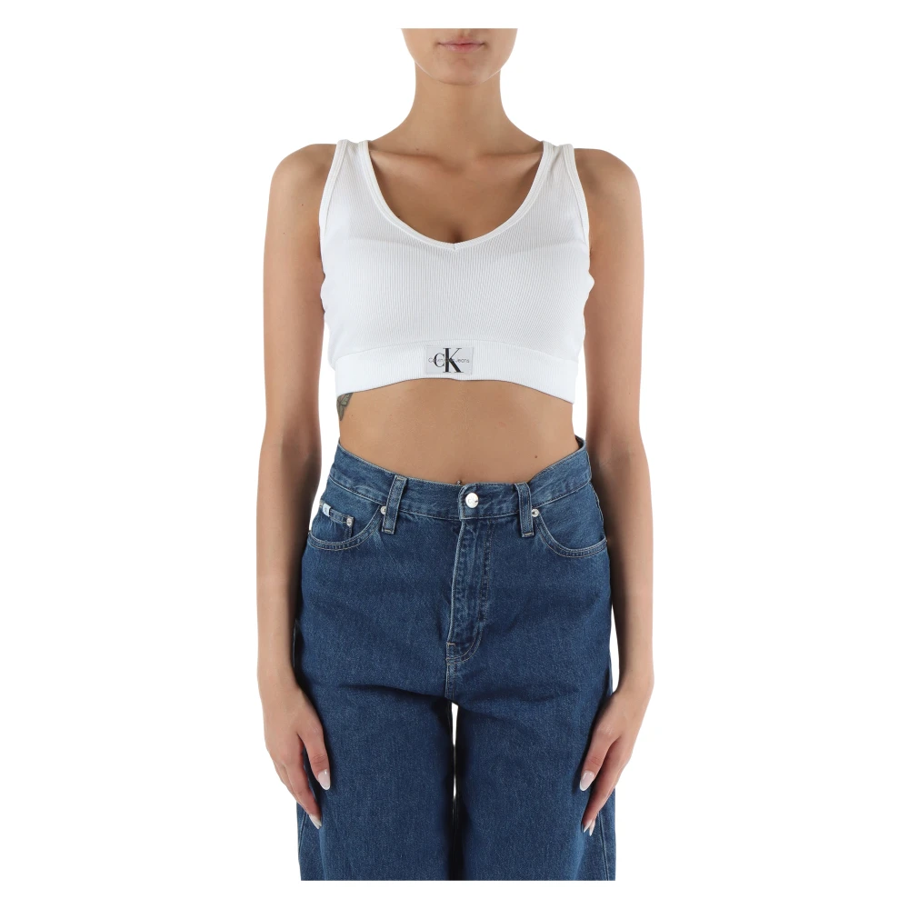 Calvin Klein Jeans Stretch katoenen V-hals ribtop White Dames