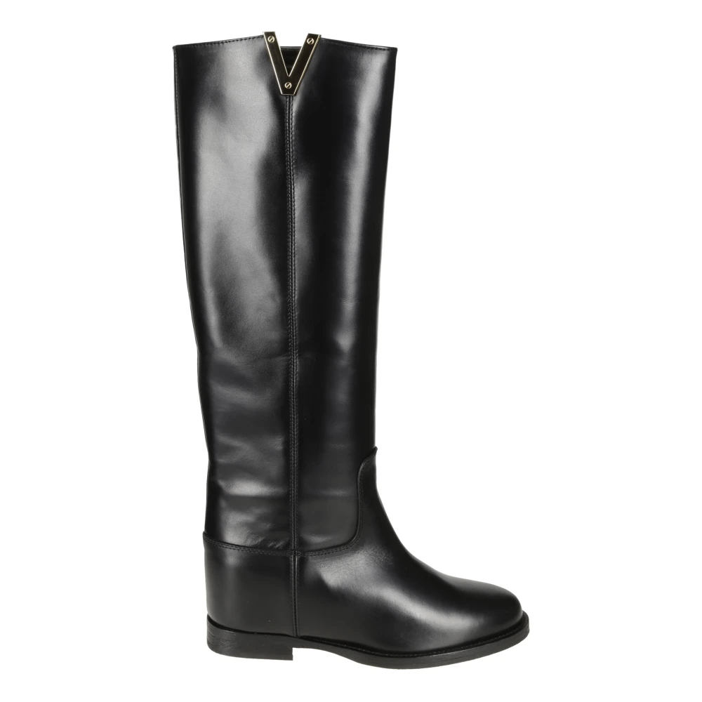 Via Roma 15 Zwarte Leren Laarzen met Gouden V-Detail Black Dames