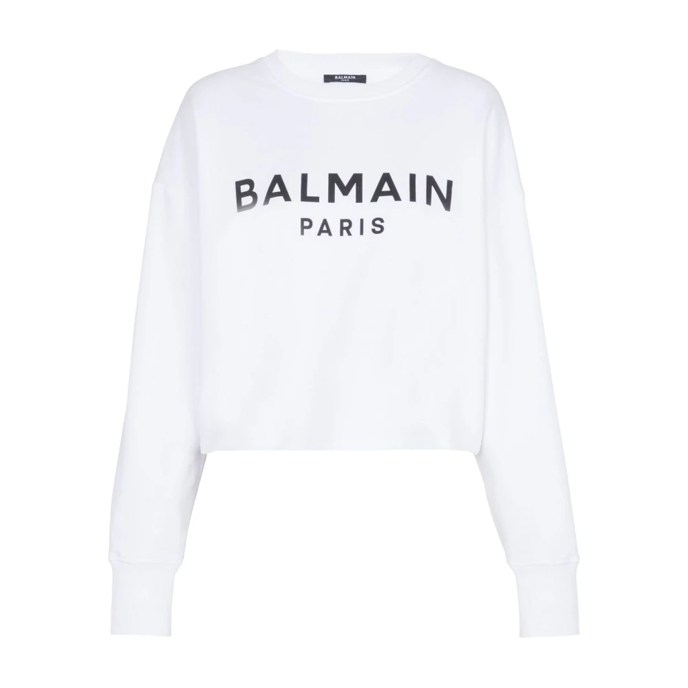 Balmain Women's White Logo Print Crew Neck Jumper