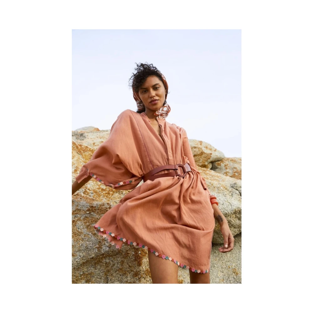 Mare Di Latte Geborduurde katoenen kimono met wijde mouwen Beige Dames