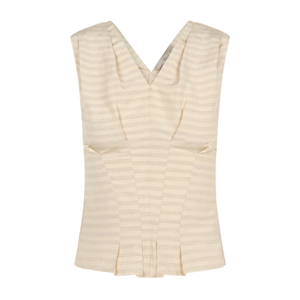 Cortana Women's Beige Sleeveless Tops,, Ida, Striped Top In Linen And Silk Extra Large
