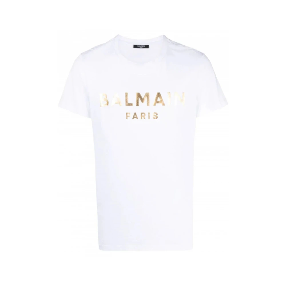 Balmain Metallic Logo-Print Katoenen T-Shirt Wit Heren