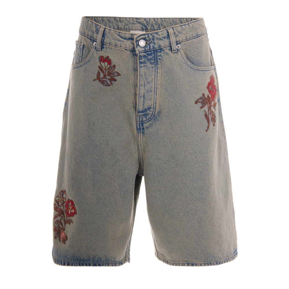 Drole De Monsieur Men's Gray Denim Shorts, M, Embroidered Floral Denim Shorts