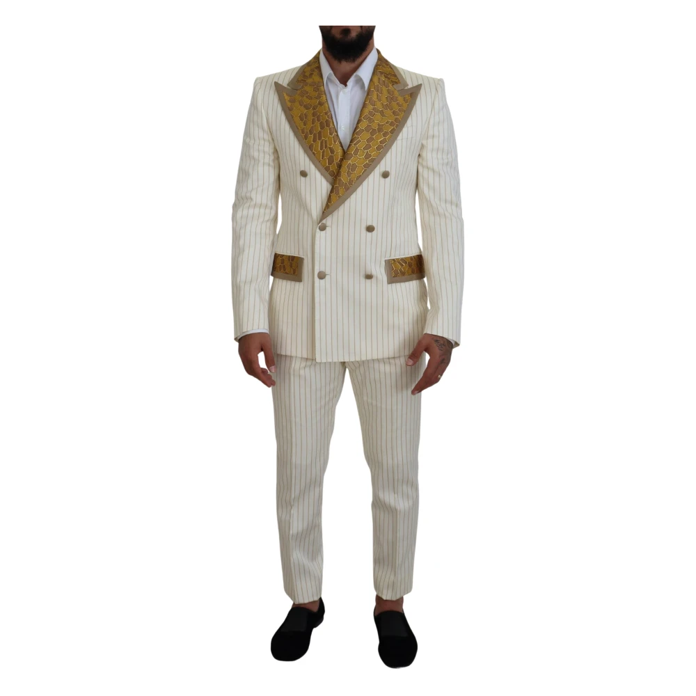 Dolce & Gabbana Men's Multicolor Double Breasted Suits, M, Dolce Gabbana Off White Gold Striped Tuxedo Slim Fit Suit