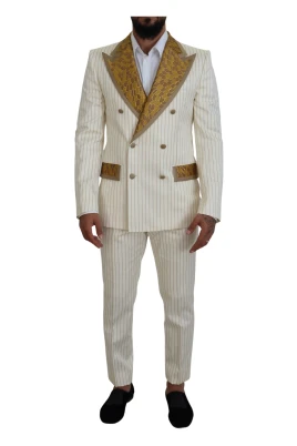 Off White Guldrandig Tuxedo Slim Fit Kostym