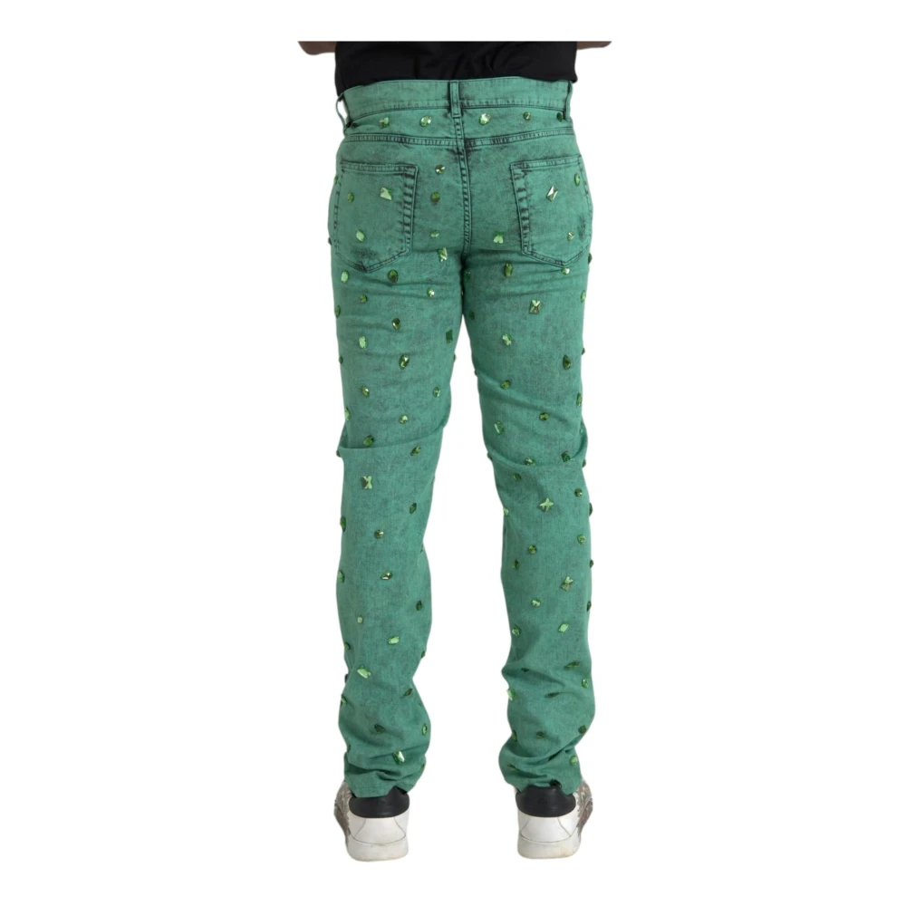 Dolce & Gabbana Kristalversierde Slim Jeans Green Heren