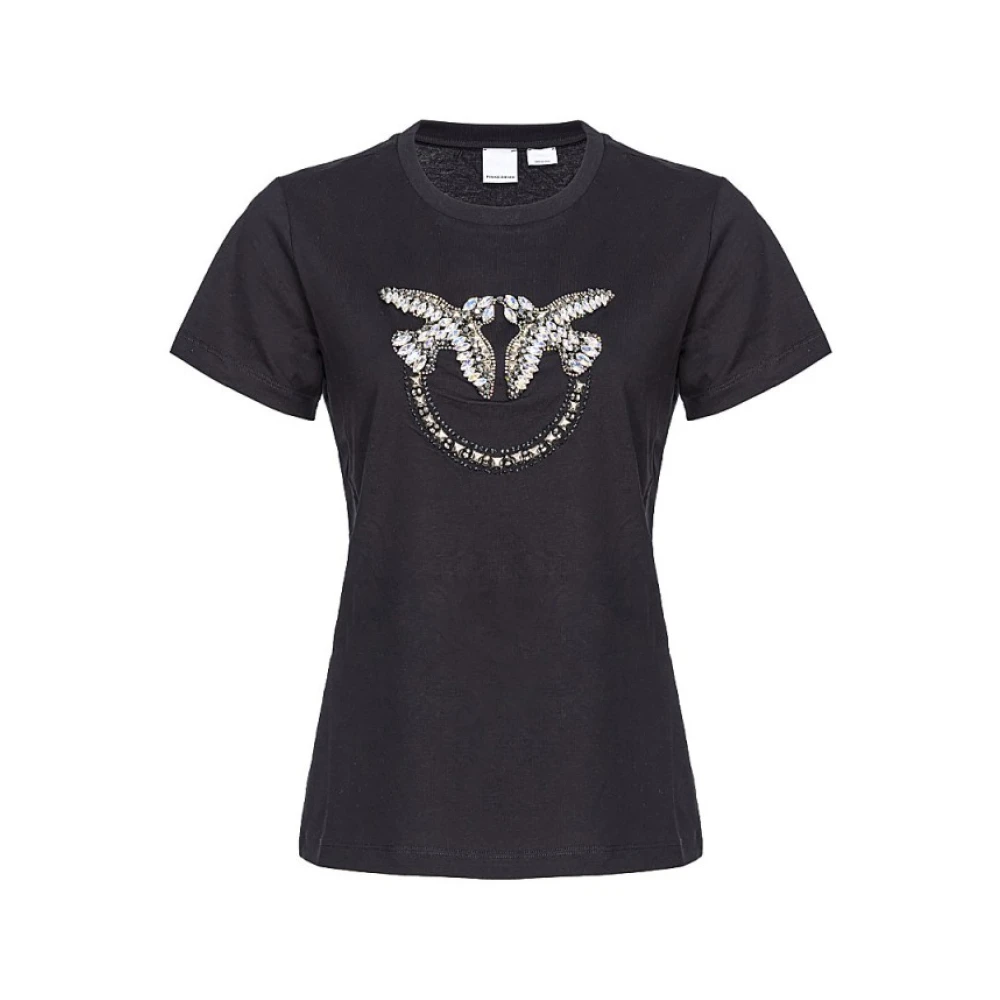 pinko Katoenen T-shirt met korte mouwen en strass-logo Black Dames