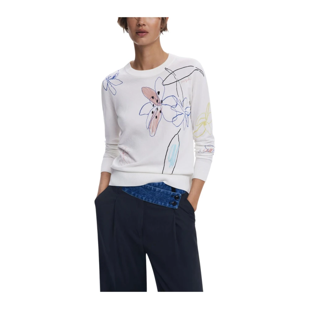 Desigual Vrouw Wit Bloemen Lange Mouw Gebreide Trui Met Ronde Hals