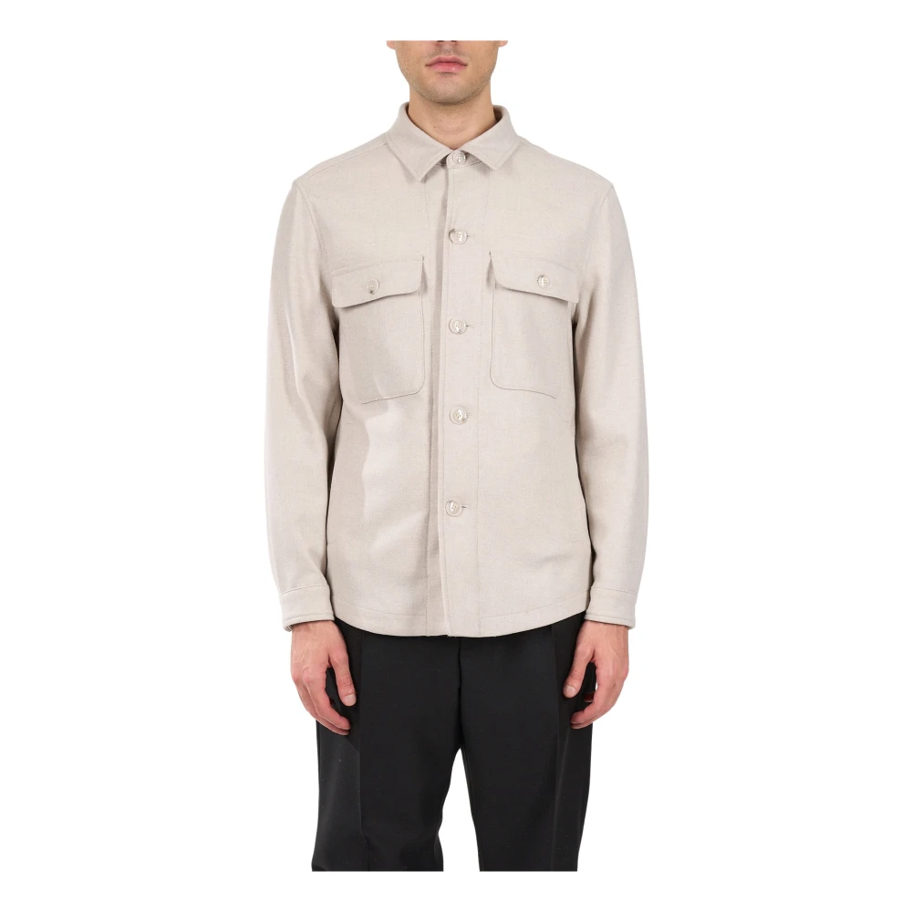 Hugo Boss Overshirt van zuivere wol met knopen Beige Heren