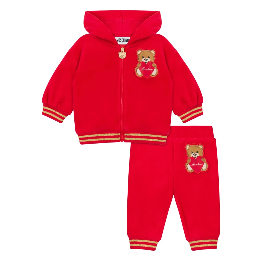 Moschino Unisex Hoodie med Dragkedja och Byxor Set Red, Pojke