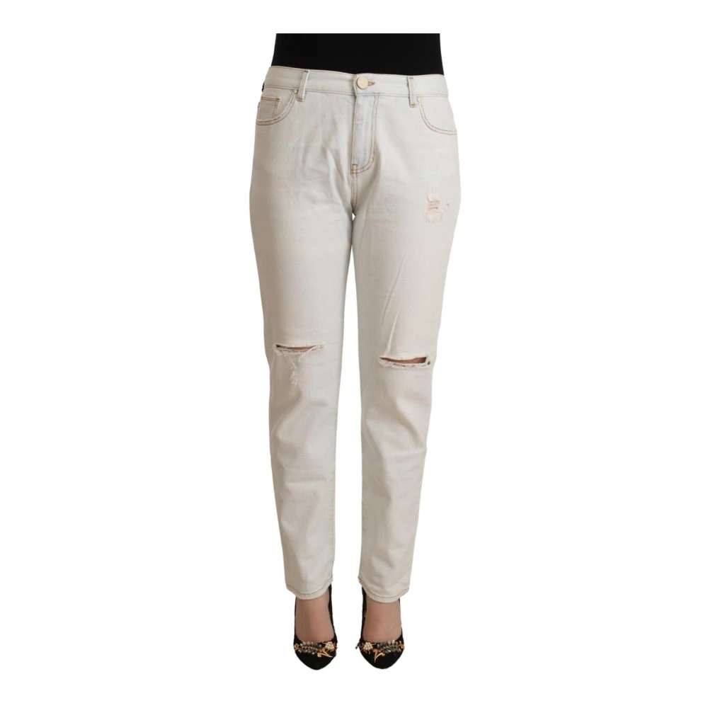 White Cotton Distressed Mid Waist Skinny Denim Jeans