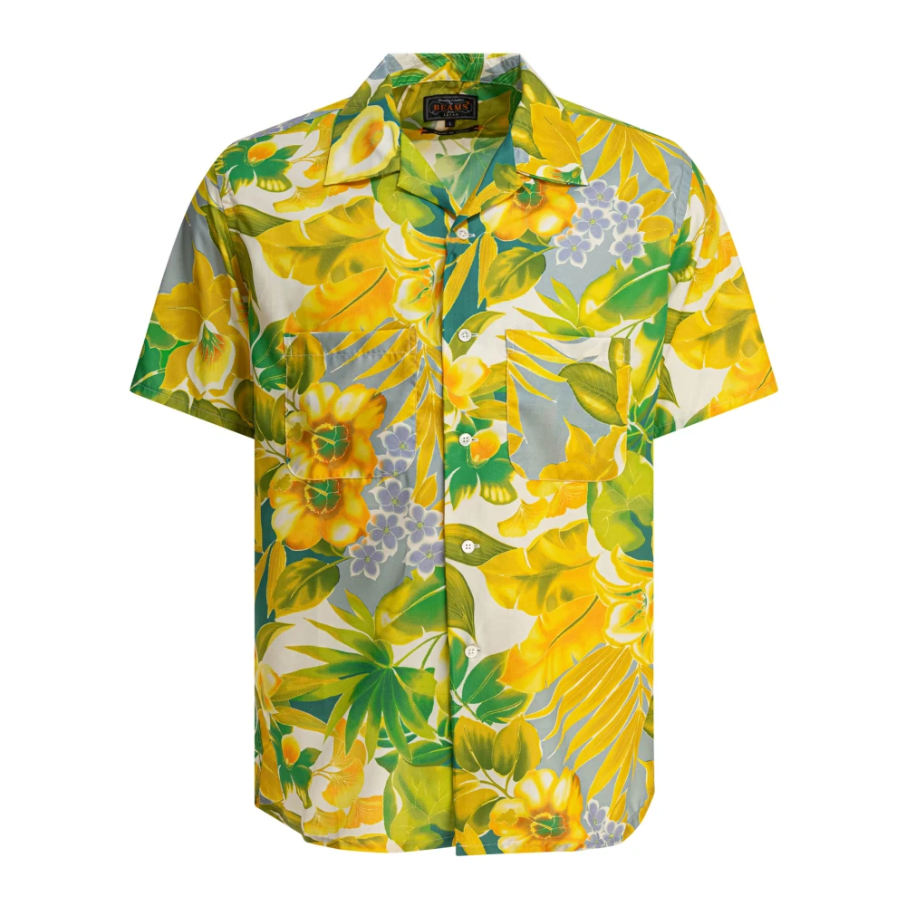 Beams Plus Men's Multicolor Short Sleeve Shirts,, Floral Camp Collar Yellow Shirt Large