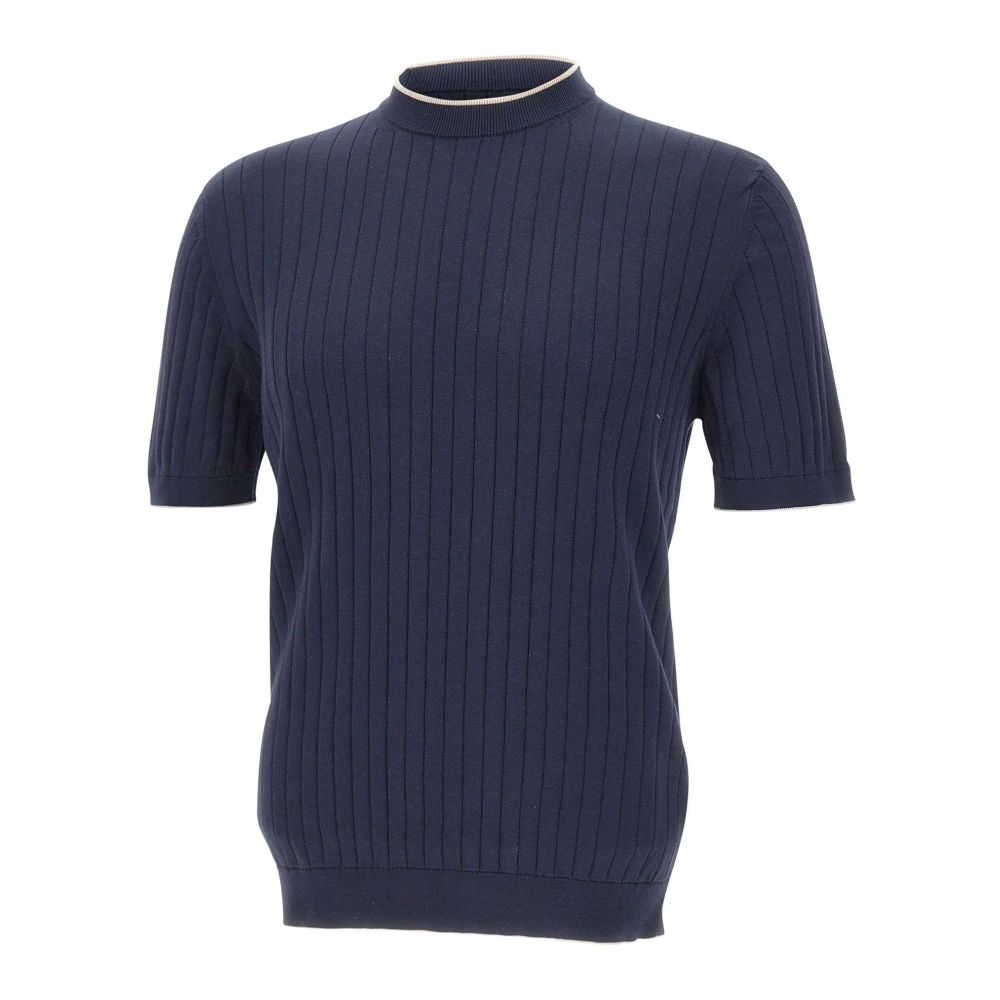 Eleventy Men's Blue Turtlenecks, M, Ribbed Short-Sleeve Jumper
