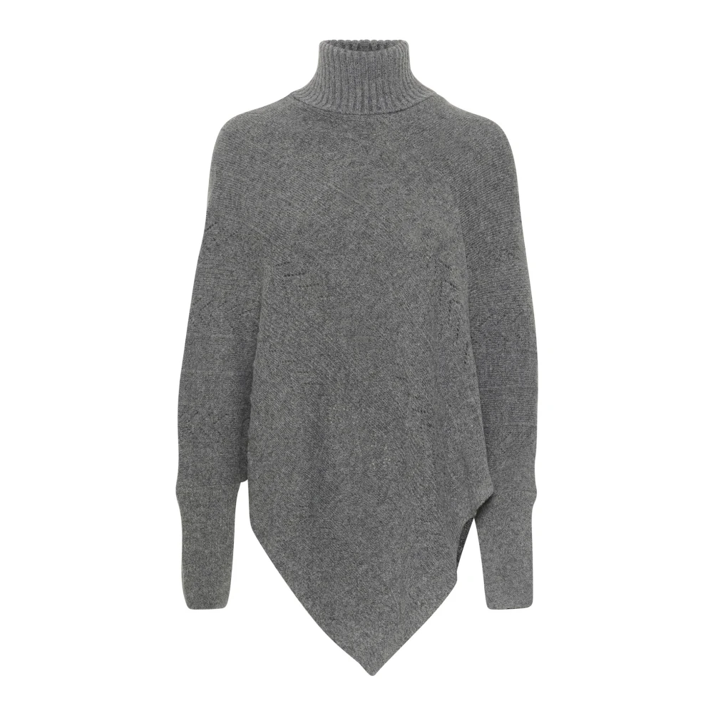 Cream Turtleneck Poncho Strik Asphalt Melange Gray Dames
