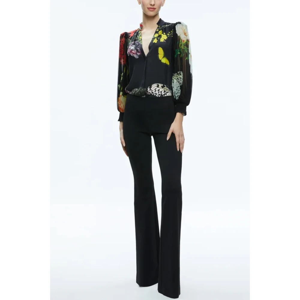 alice + olivia Satin Finish V-Neck Balloon Sleeve Shirt Multicolor Dames