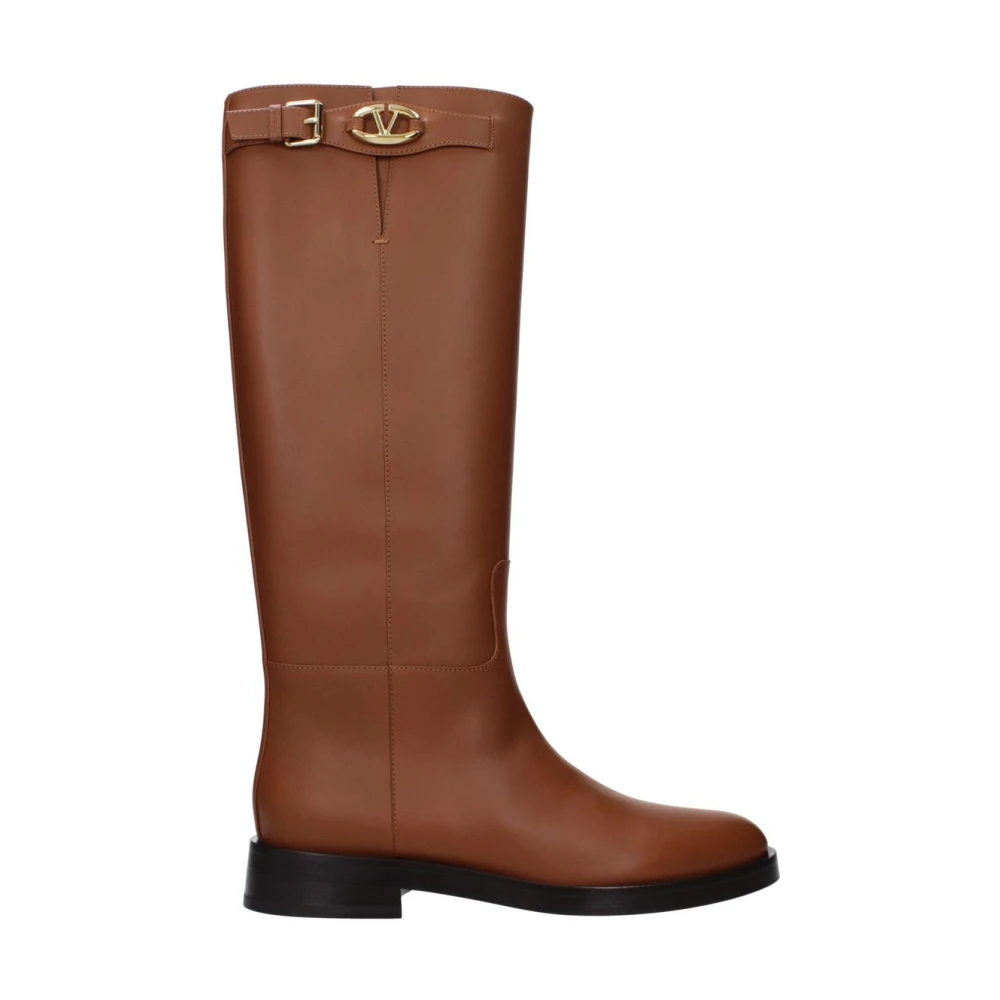 Valentino Garavani Women's Brown Leather Boots With Logo Buckle