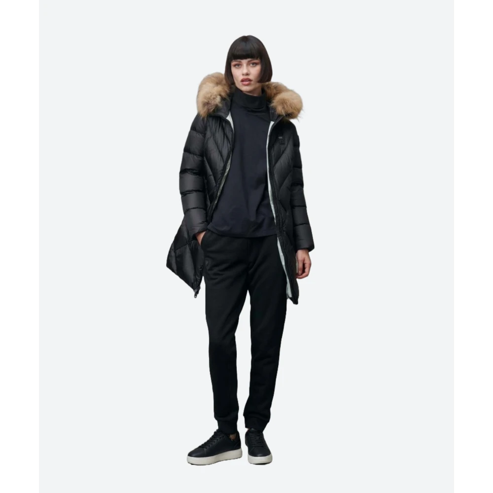 Blauer Geometrische Lange Donsjas Black Dames
