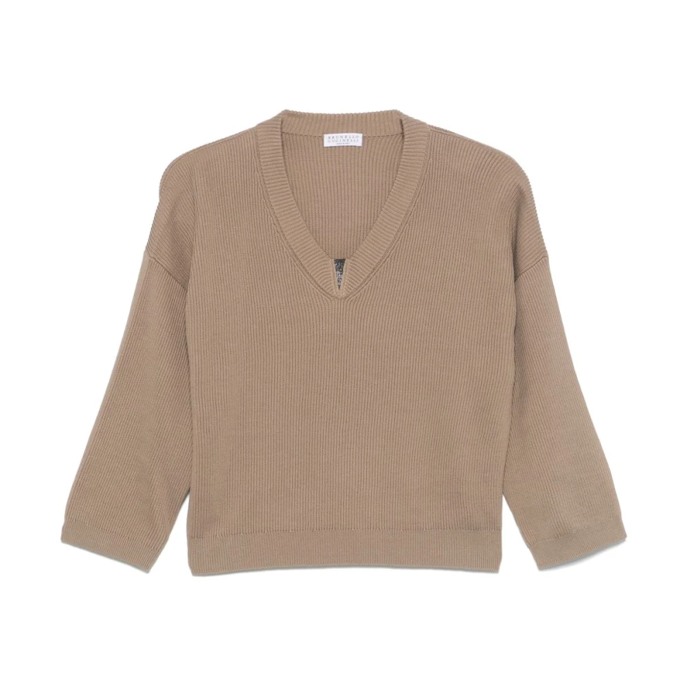 BRUNELLO CUCINELLI Gebreide Trui Lichtbruin Geribbelde V-Hals Brown Dames